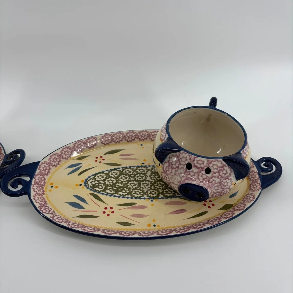 Temp-tations Old‎ World Pig Soup and Sandwich Set 4pc Blue Floral Ceramic